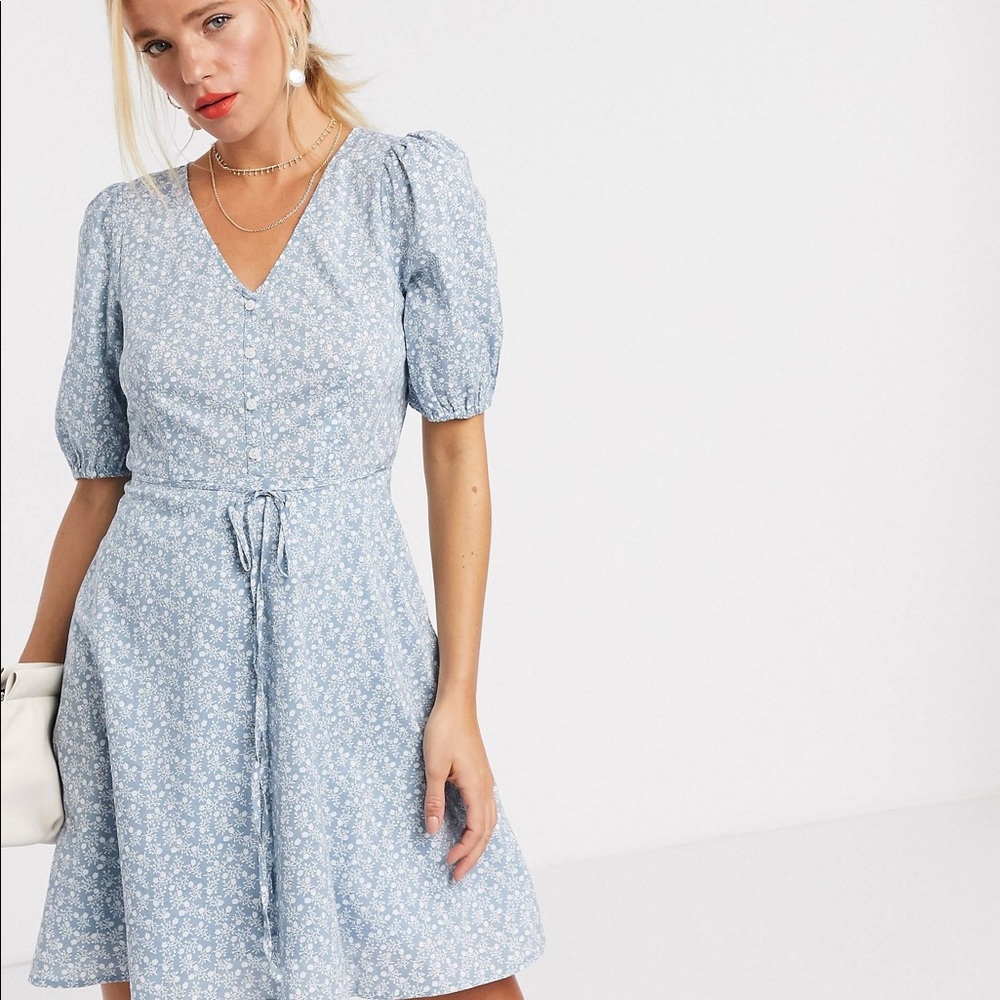 & Other Stories Organic Cotton ditsy floral print tie waist dress in blue